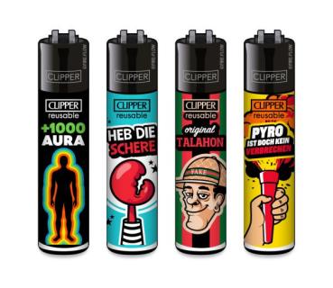 Clipper CLASSIC Large – Jugendwort #9 4er Set mit „+1000 Aura“, „Heb die Schere“, „Original Talahon“ und „Pyro ist doch kein Verbrechen“; nachfüllbar, Softflame, Stopfhilfe.